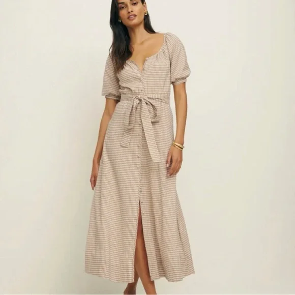 Reformation NWT Roland Dress Anzo Check Tan White Gingham Maxi Puff Sleeves: XL - Picture 1 of 11